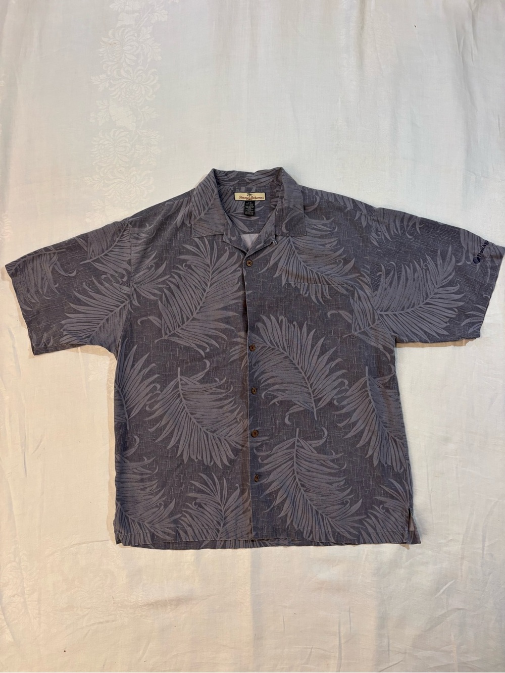 Tommy Bahama Men’s Slate Blue Leaf-Print Short-Sleeve Button-Down Hawaiian Shirt